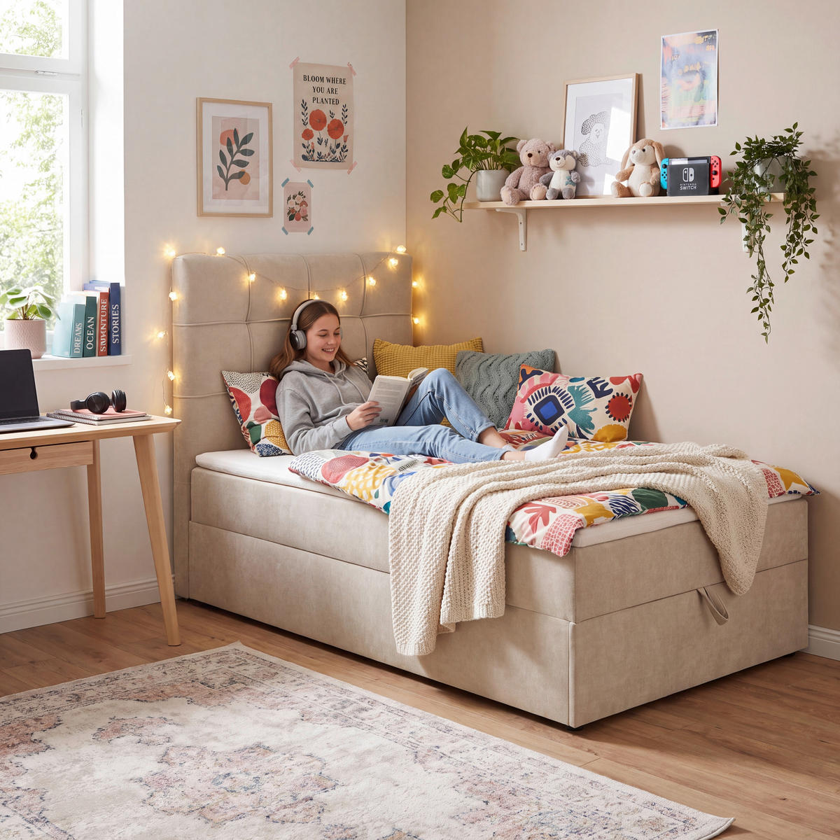 BOXBETT 100/200 cm,  in Beige, Matratze, gepolstertes Kopfteil, Bettkasten, Topper, H3 = fest  - Beige/Schwarz, Basics, Kunststoff/Textil (100/200cm) - Chameo