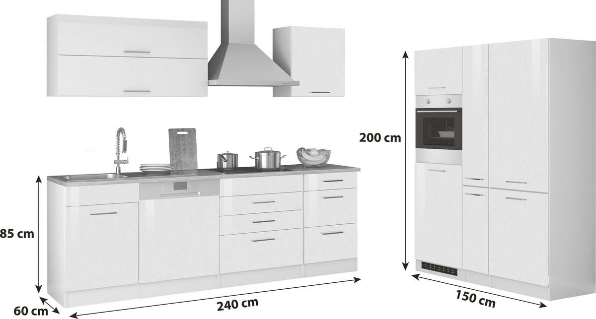 KÜCHENBLOCK 240-150 cm   in Weiß, Weiß Hochglanz  - Chromfarben/Eichefarben, MODERN, Holzwerkstoff/Metall (240-150cm) - Held