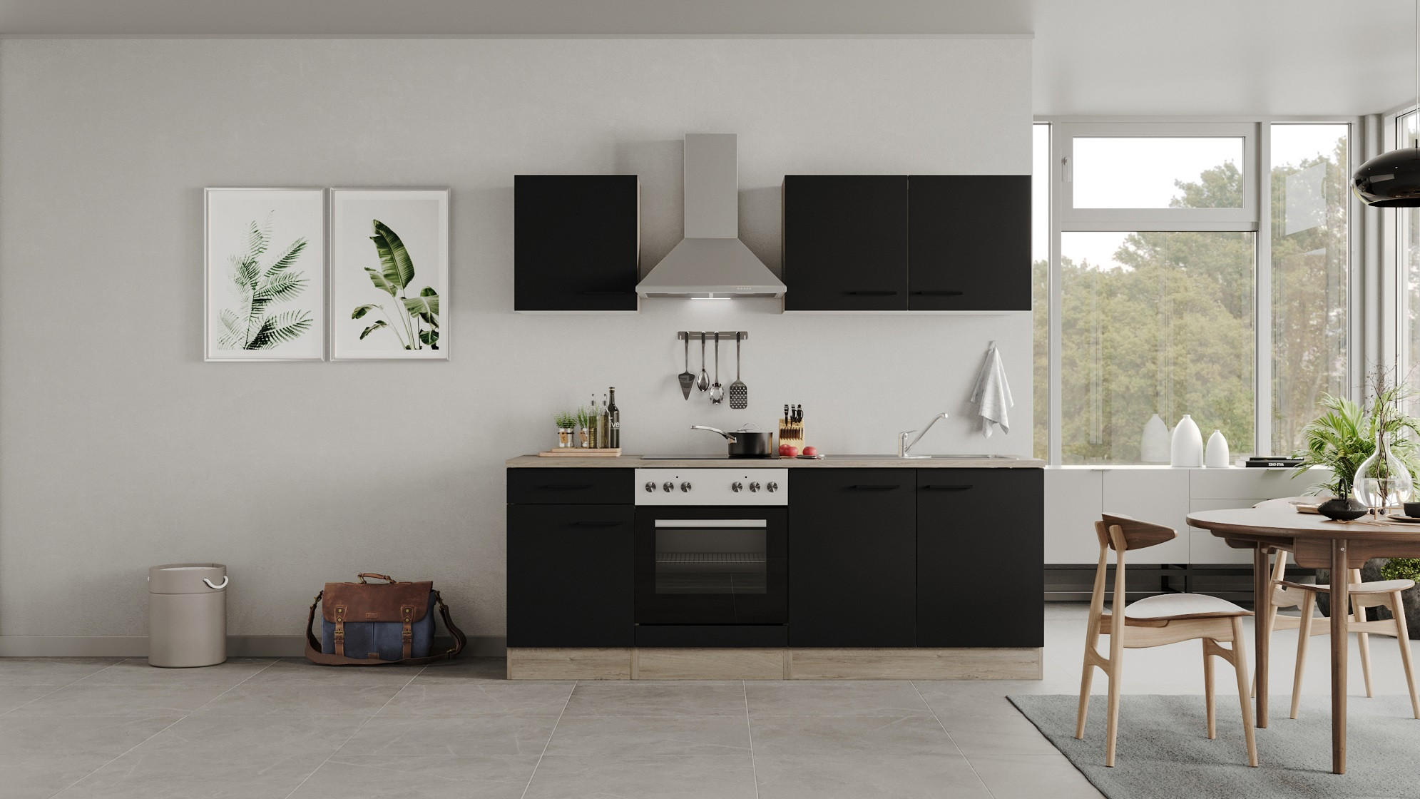FlexWell Küchenblock Schwarz, Eiche 210 cm