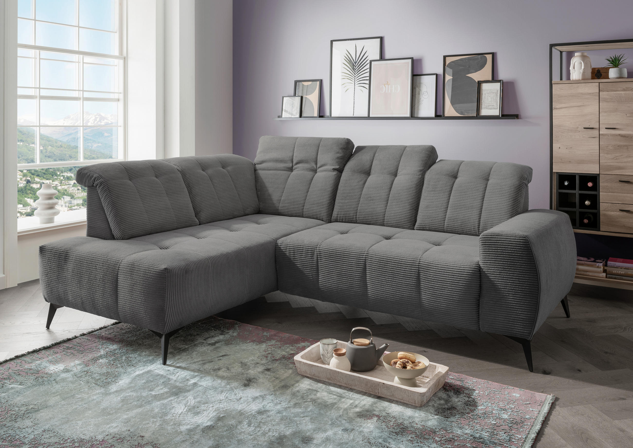 ECKSOFA in Cord Grau  - Schwarz/Grau, Modern, Textil/Metall (200/261cm) - Livetastic