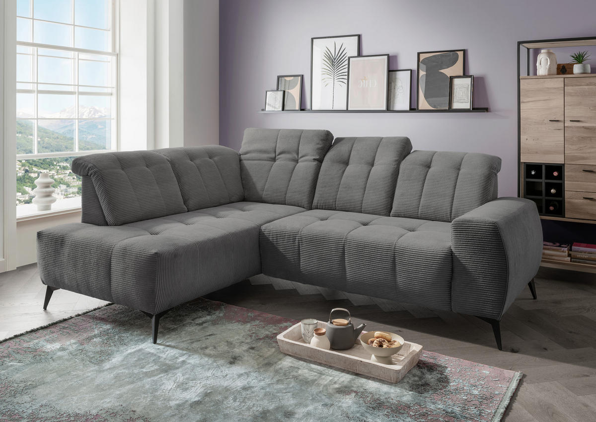 ECKSOFA in Cord Grau  - Schwarz/Grau, Modern, Textil/Metall (200/261cm) - Livetastic