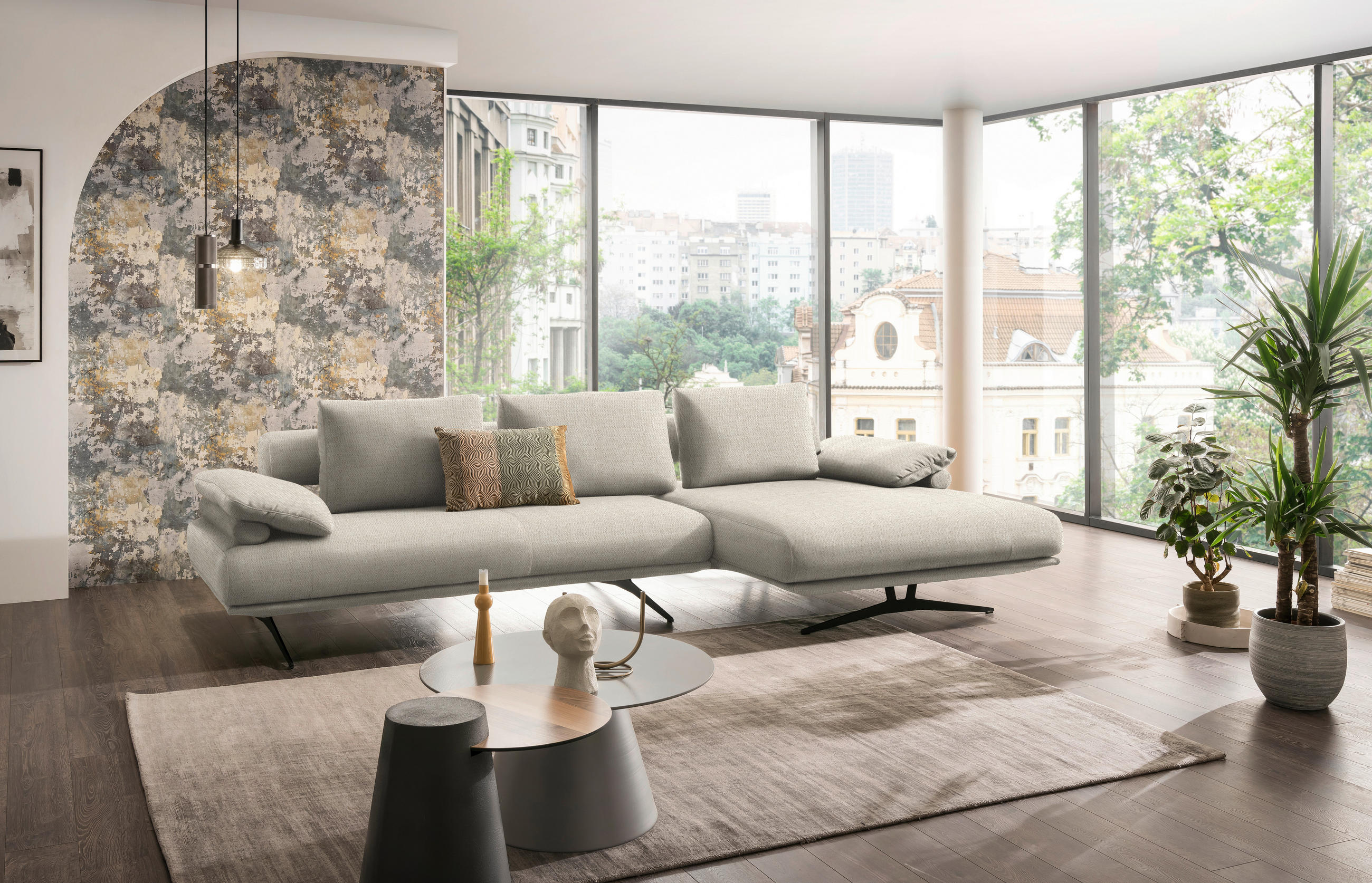 ECKSOFA in Chenille Creme  - Creme/Schwarz, Design, Textil/Metall (334/168cm) - Dieter Knoll