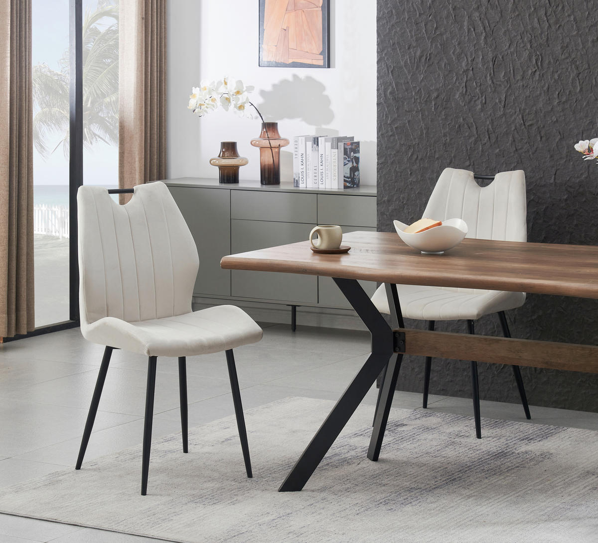 STUHL-SET 2 Stück  in Webstoff  - Creme/Schwarz, MODERN, Textil/Metall (52/75/58cm) - MID.YOU