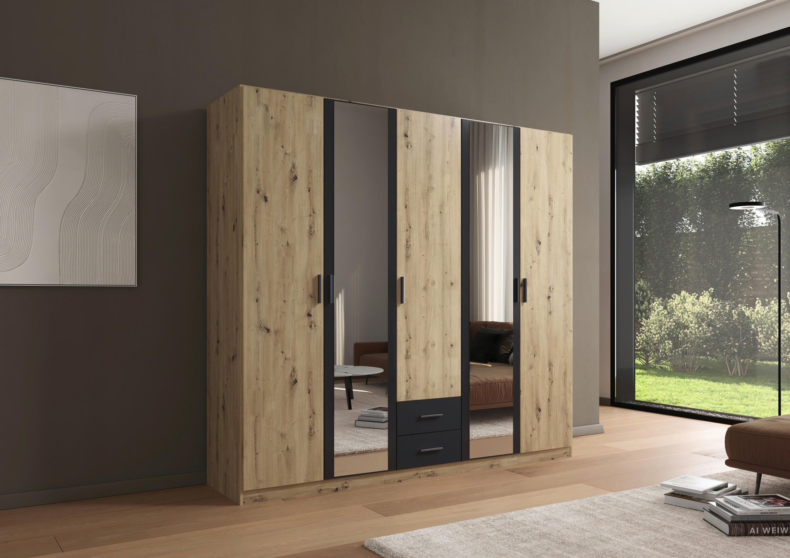 KLEIDERSCHRANK 5-türig Grau, Eichefarben, Eiche Artisan  - Eichefarben/Eiche Artisan, KONVENTIONELL, Holzwerkstoff/Kunststoff (226/210/54cm) - Rauch Möbel