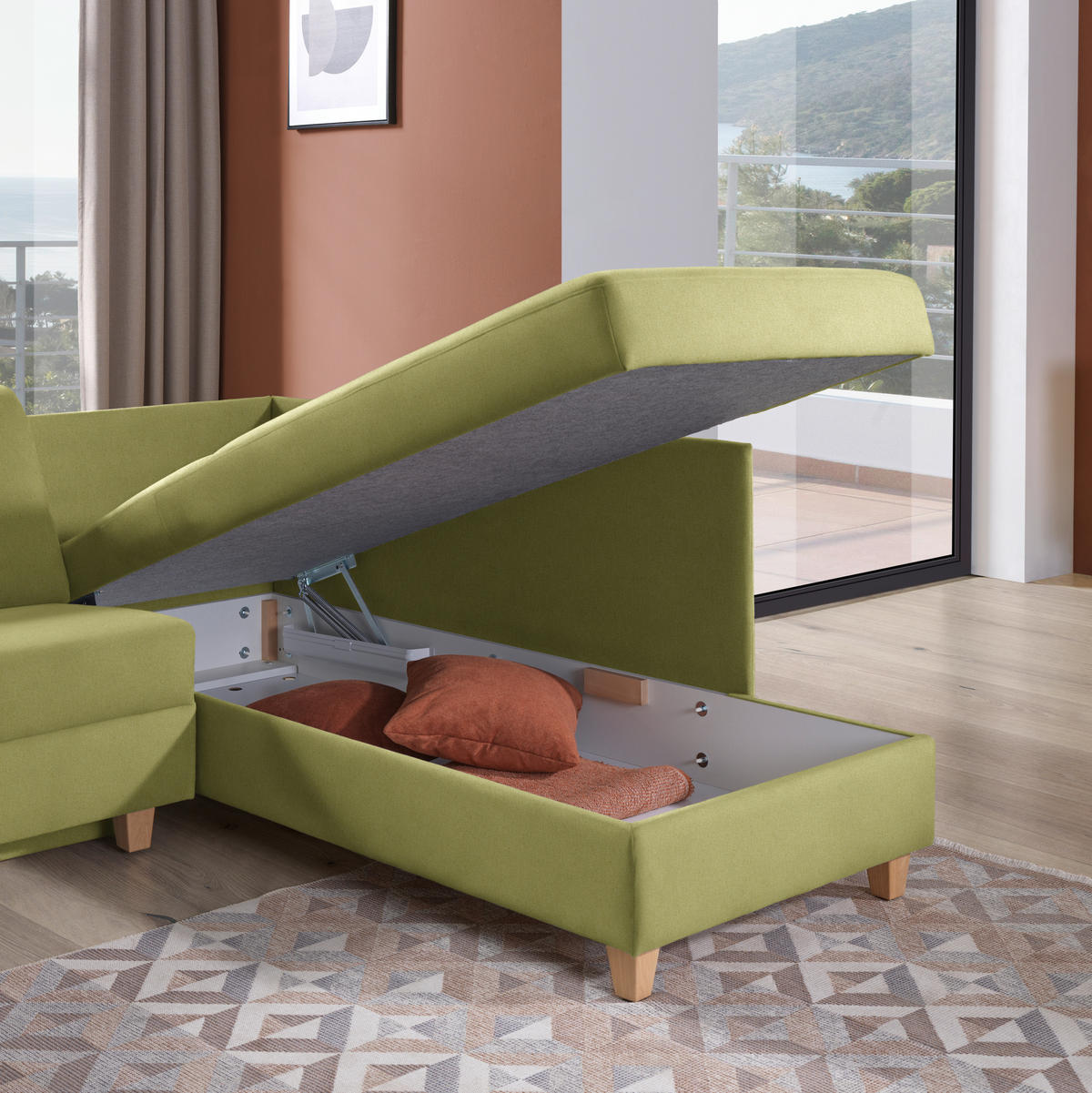 ECKSOFA in Flachgewebe Hellgrün  261/203 cm  - Eichefarben/Hellgrün, KONVENTIONELL, Holz/Textil (261/203cm) - Sedda