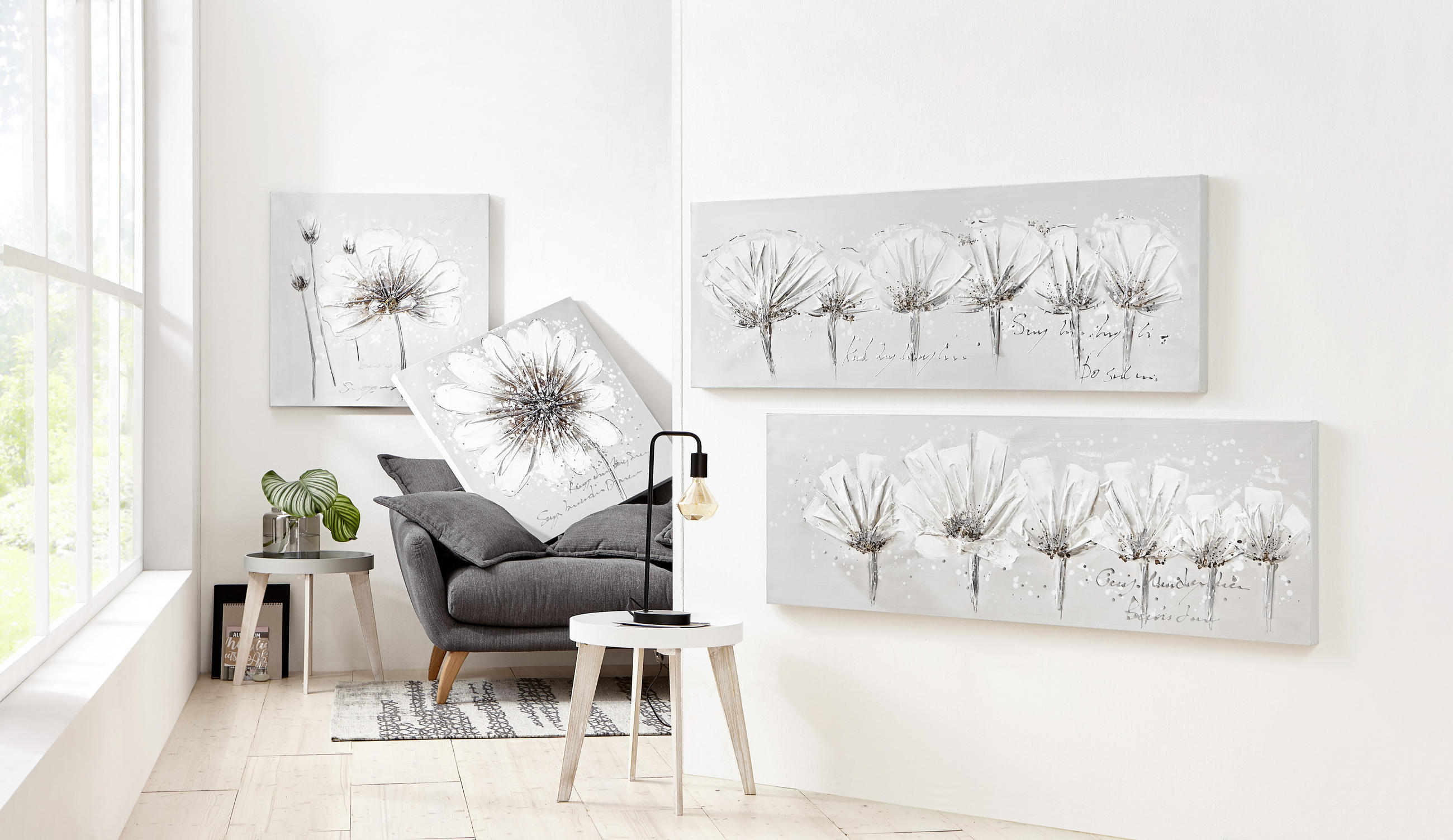 ÖLGEMÄLDE Blumen 150/50 cm  - Weiß, LIFESTYLE, Holz/Textil (150/50cm) - Monee