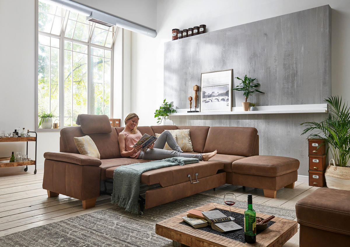 ECKSOFA in Echtleder Braun  235/274 cm  - Eichefarben/Beige, KONVENTIONELL, Leder/Holzwerkstoff (235/274cm) - Beldomo Premium