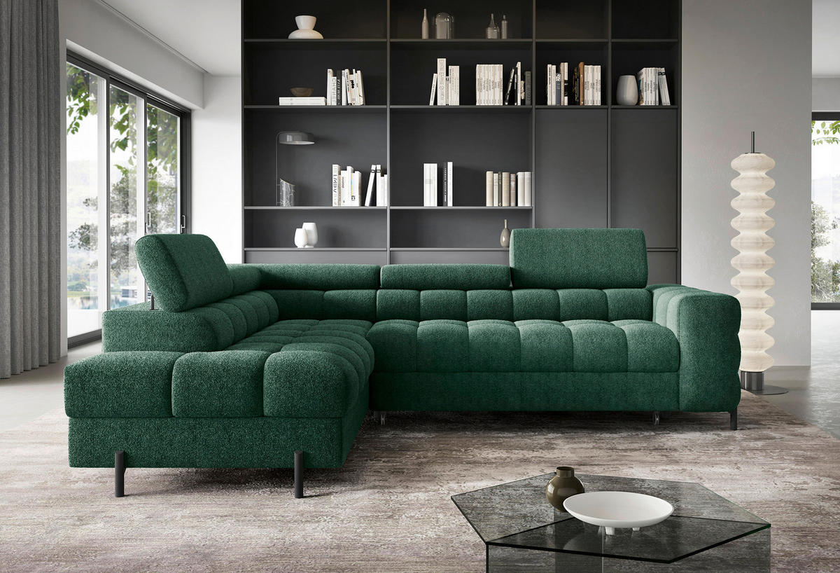 ECKSOFA FERUCCE Dunkelgrün Teddystoff Bettkasten, Kopfteilverstellung  - Dunkelgrün/Schwarz, Design, Textil/Metall (200/276cm) - MID.YOU