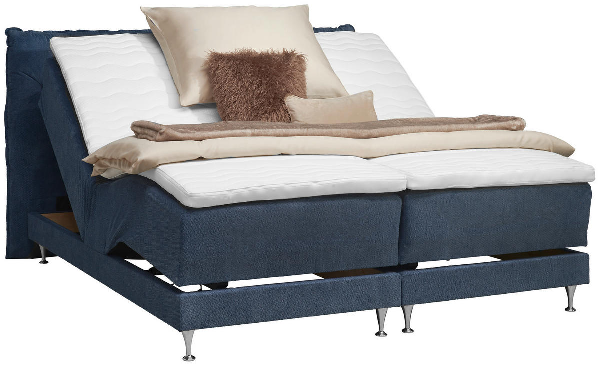 BOXSPRINGBETT 180/200 cm,  in Blau, Matratze, Lattenrost, Topper, H3 + H5 = fest + hart  - Blau/Alufarben, Basics, Textil/Metall (180/200cm) - Welnova