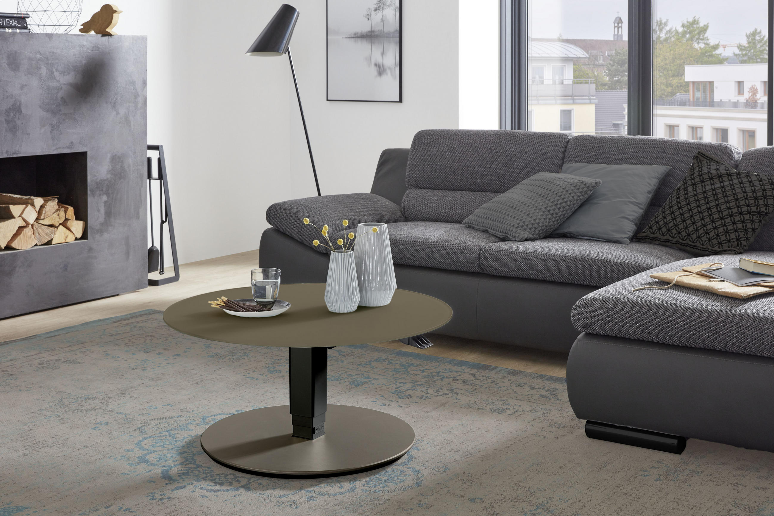 COUCHTISCH ESG 80/80/39(76) cm rund Grau, Schwarz, Beige  - Beige/Schwarz, Design, Glas/Holzwerkstoff (80/80/39(76)cm) - Boxxx