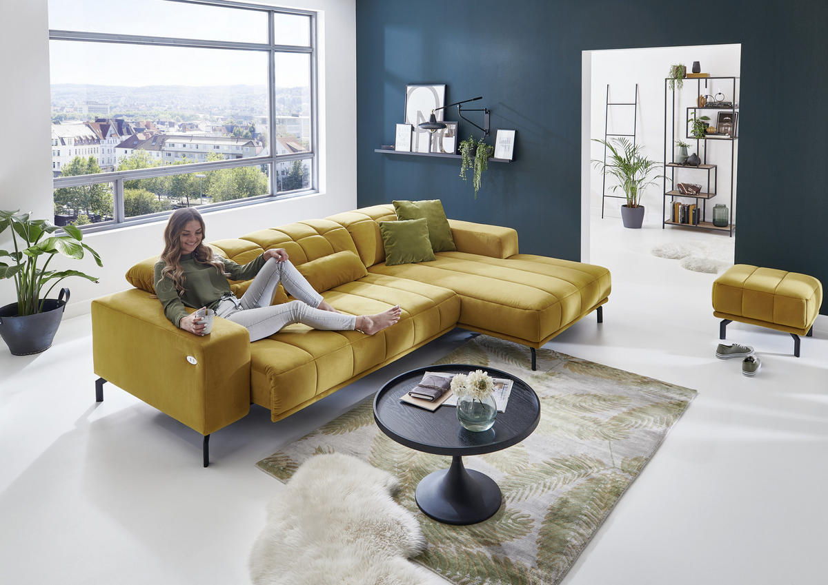 ECKSOFA in Velours Currygelb  - Currygelb/Schwarz, Design, Textil/Metall (195/293cm) - Beldomo Style