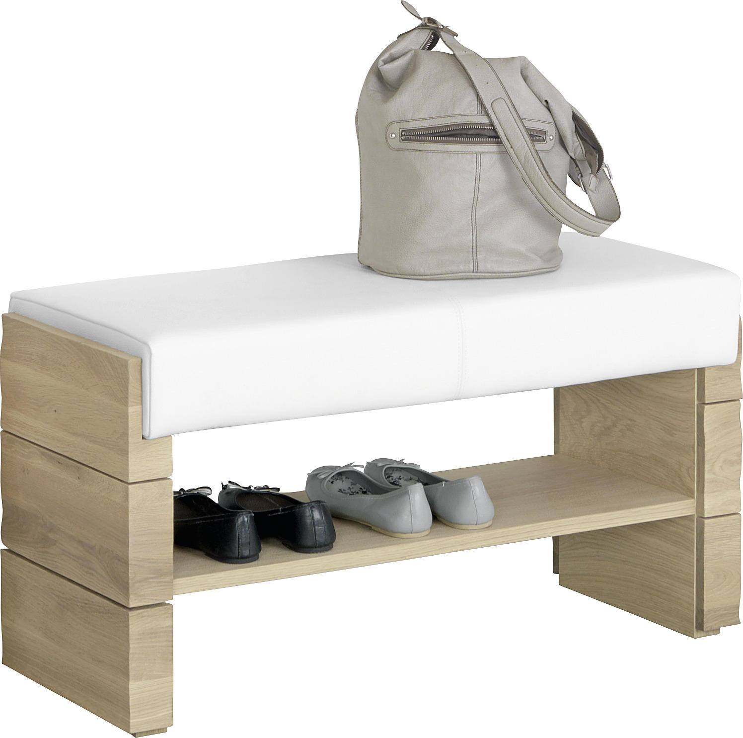 GARDEROBENBANK Echtleder Wildeiche massiv Weiß, Eichefarben - Eichefarben/Weiß, Design, Leder/Holz (91/49/38cm) - Voglauer