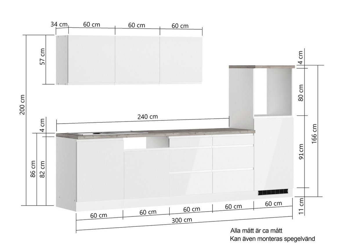 MODULKÖK UTAN VITVAROR 300 cm   i vit, ek Wotan, vit högglans  - vit/ek Wotan, Lifestyle, trämaterial (300cm) - Held