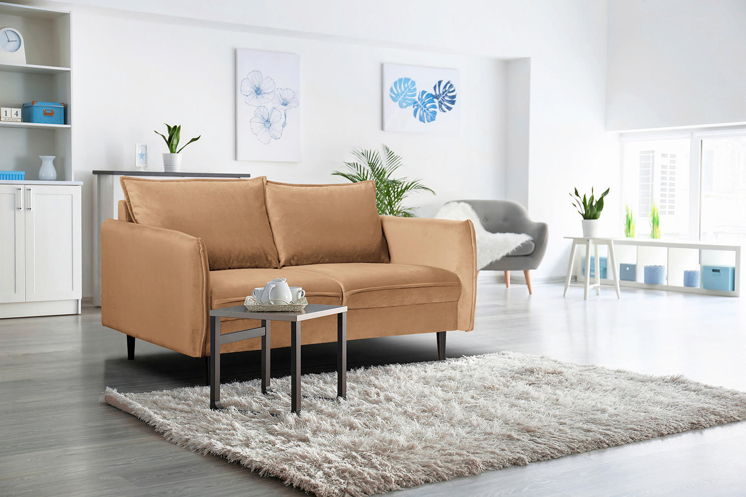 2-SITZER-SOFA JULI Samt Hellbraun  - Hellbraun/Schwarz, Design, Holz/Textil (138/86/100cm) - P & B