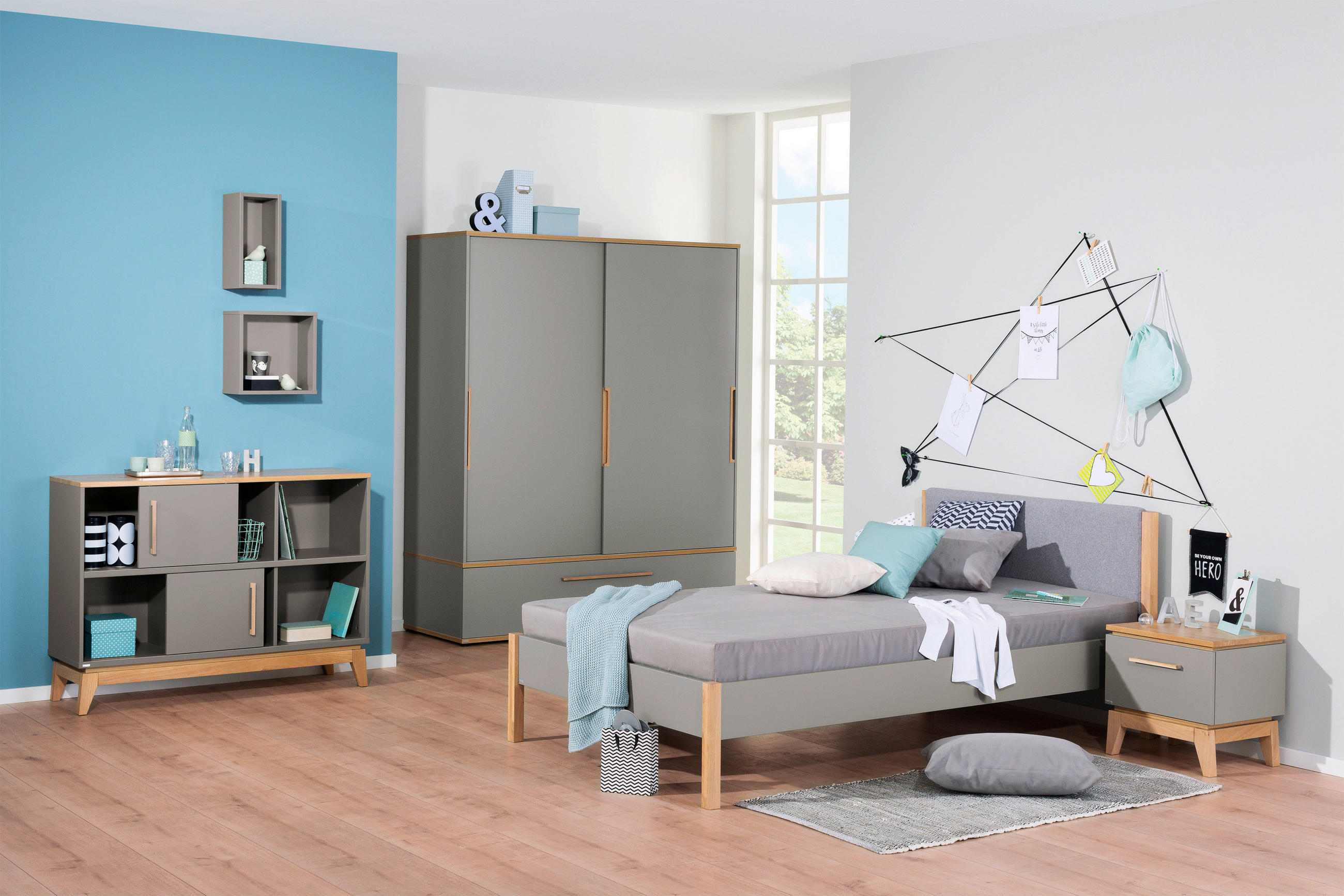 Thumbnail - Paidi Bett Sten, Grau, Eiche, Textil, massiv, 120x200 cm, Blauer Engel, Goldenes M, gepolstertes Kopfteil, Kinder- & Jug...