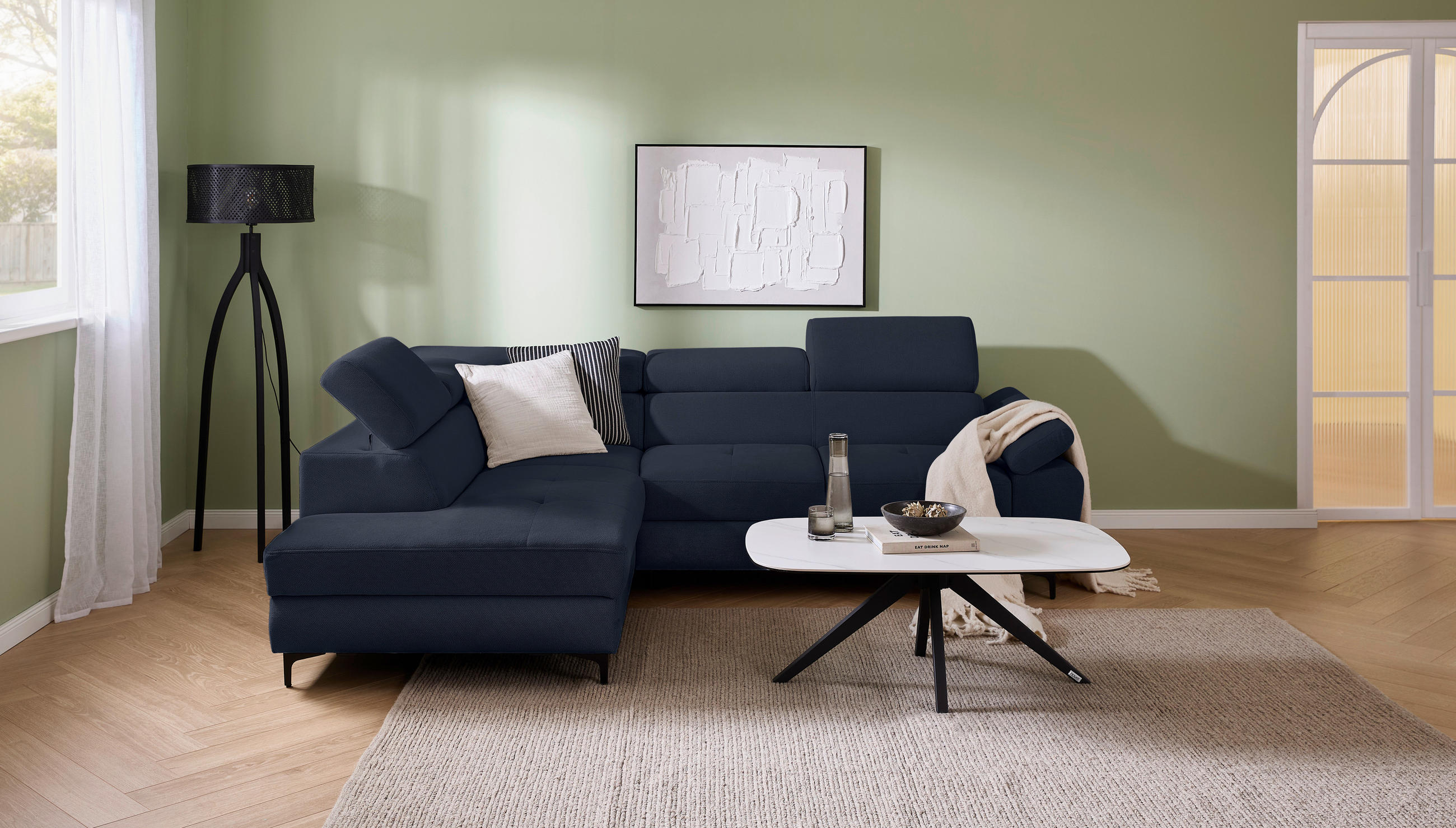 ECKSOFA in Flachgewebe Dunkelblau  - Schwarz/Dunkelblau, Design, Textil/Metall (206/266cm) - Stylife