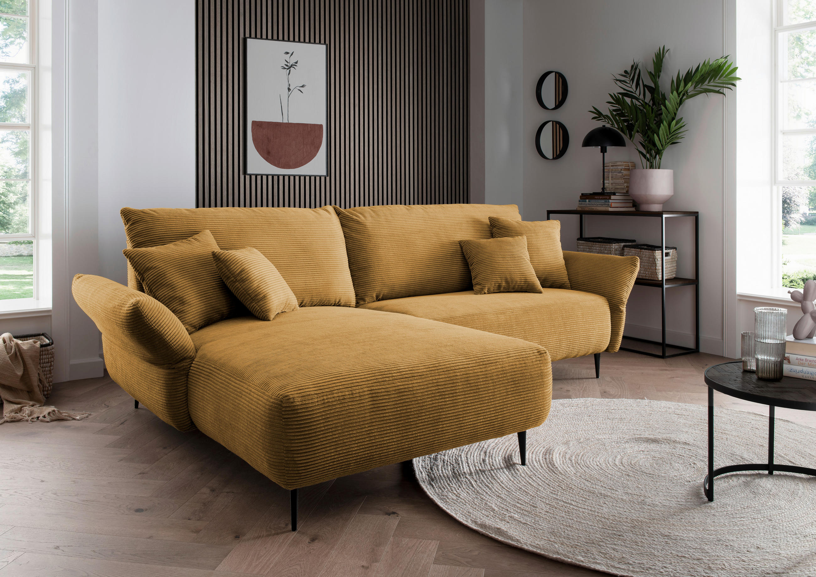 ECKSOFA in Cord Goldfarben - Goldfarben/Schwarz, Design, Textil/Metall (178/264-302cm) - Livetastic