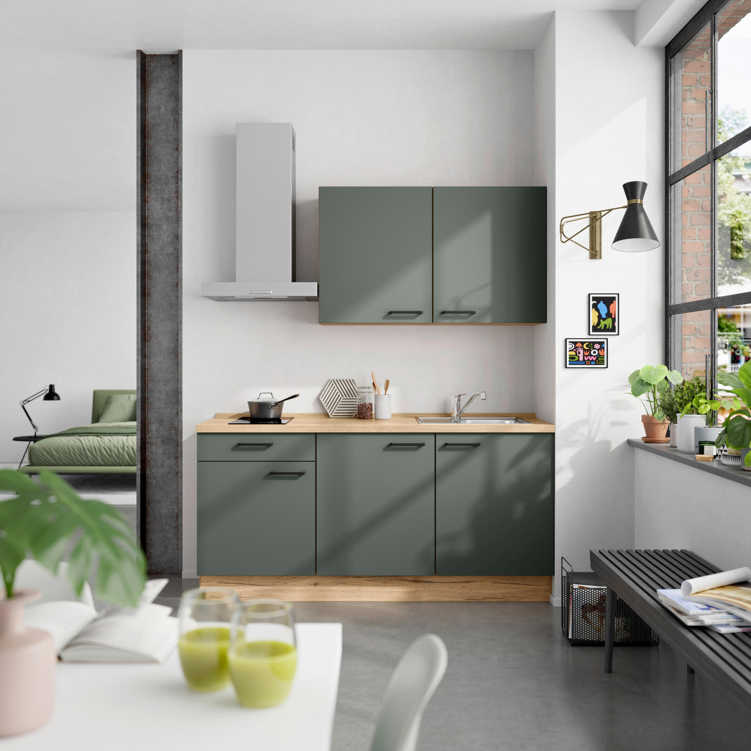 KÜCHENBLOCK 180 cm   in Eichefarben, Dunkelgrün  - Dunkelgrün/Eichefarben, MODERN, Holzwerkstoff/Metall (180cm) - Nobilia