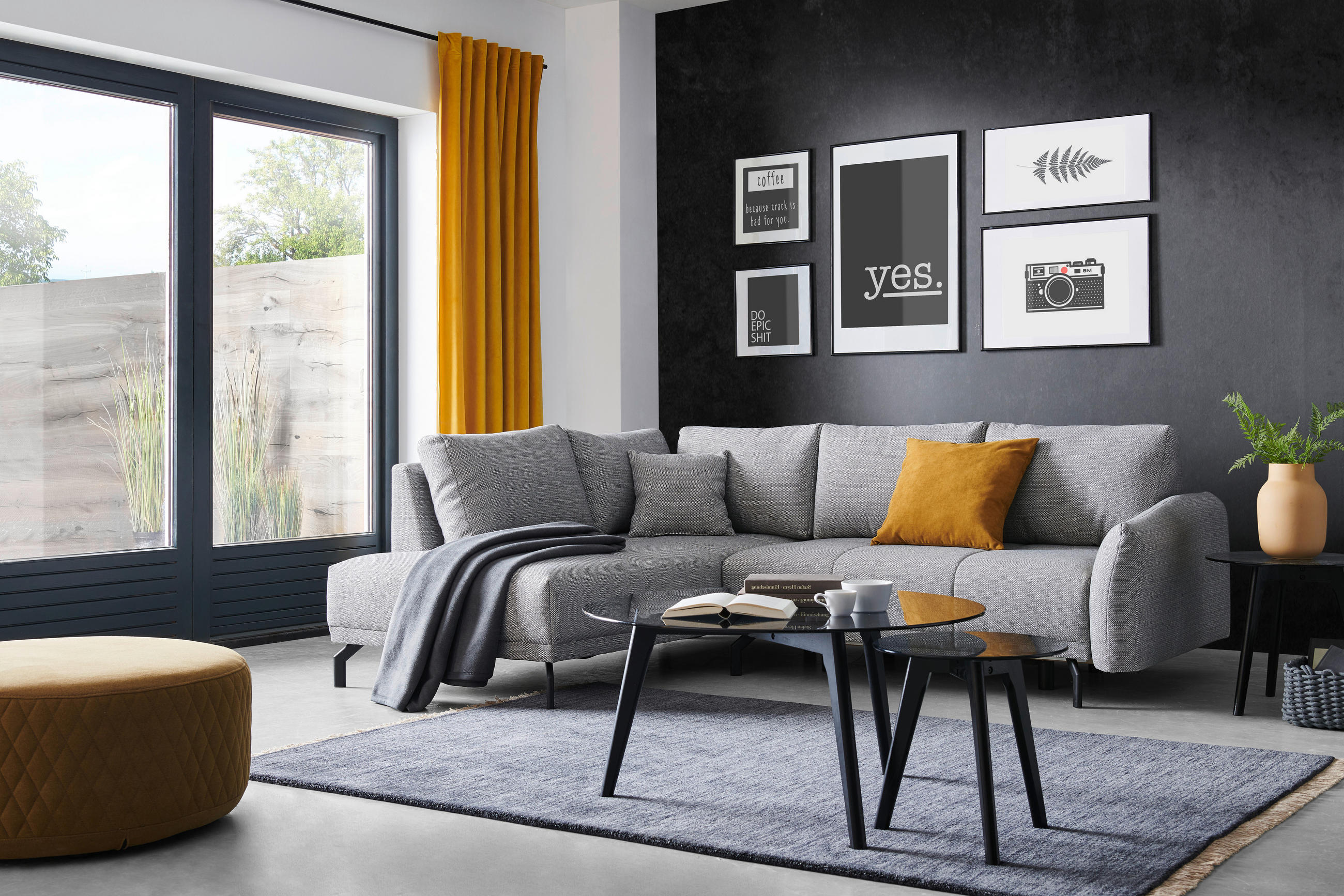 ECKSOFA Grau Webstoff Zierkissen, Rückenkissen, Bettkasten, Schlaffunktion, Rücken echt  - Schwarz/Grau, Design, Textil/Metall (191/250cm) - Carryhome