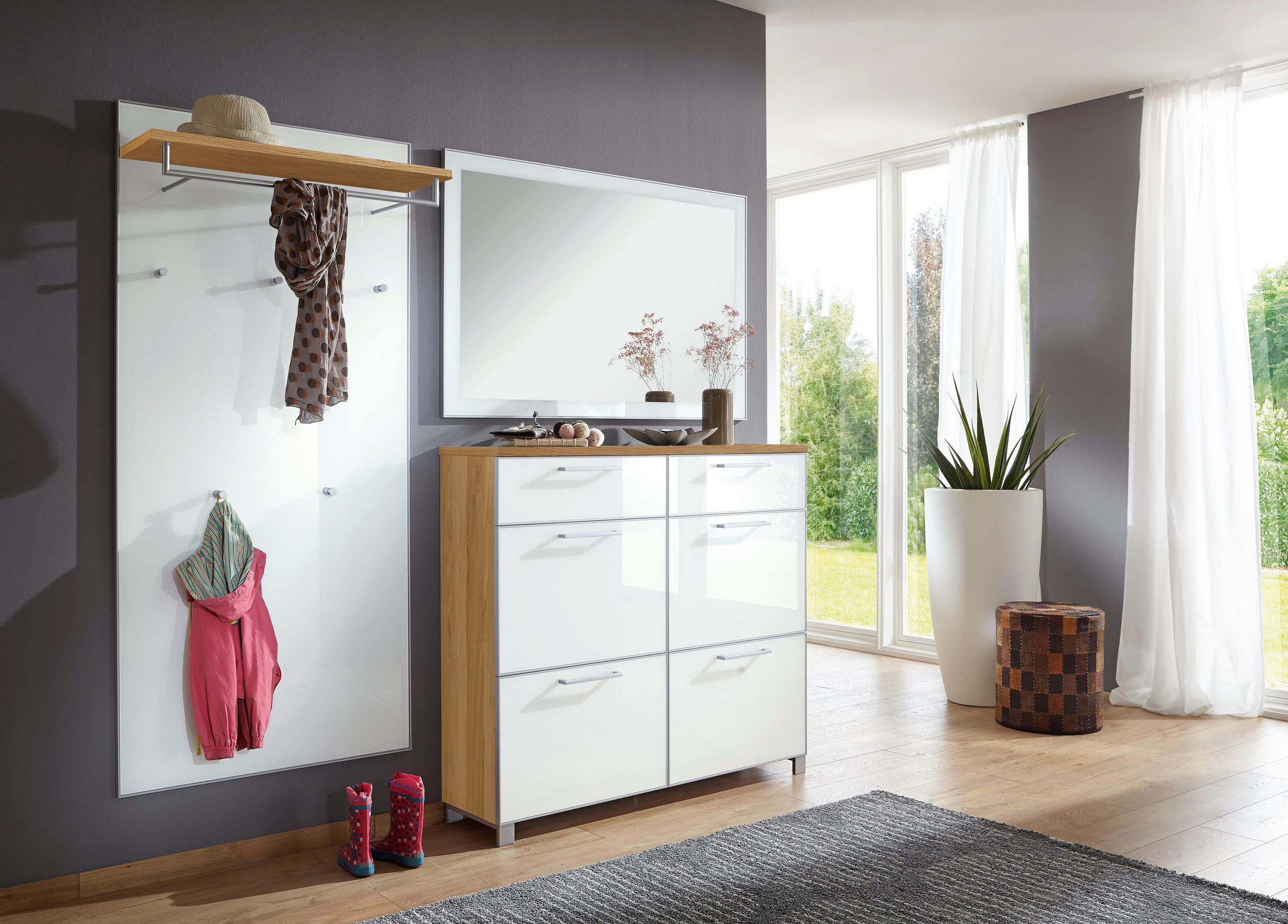 GARDEROBE Weiß, Eichefarben - Eichefarben/Weiß, Design, Glas/Holz (210/195/31cm)