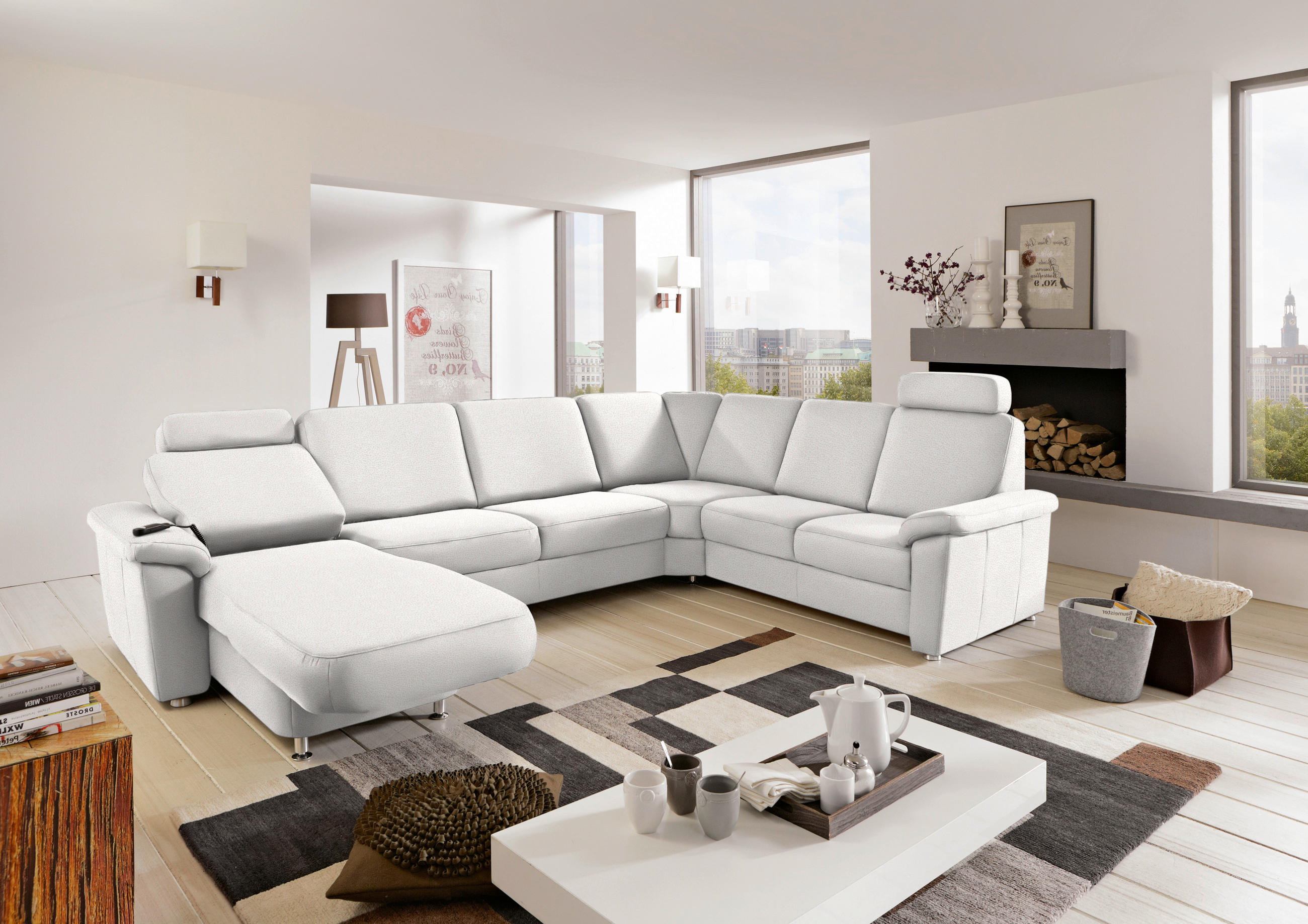WOHNLANDSCHAFT Creme Flachgewebe  - Chromfarben/Creme, KONVENTIONELL, Textil/Metall (163/330/240cm) - Beldomo System