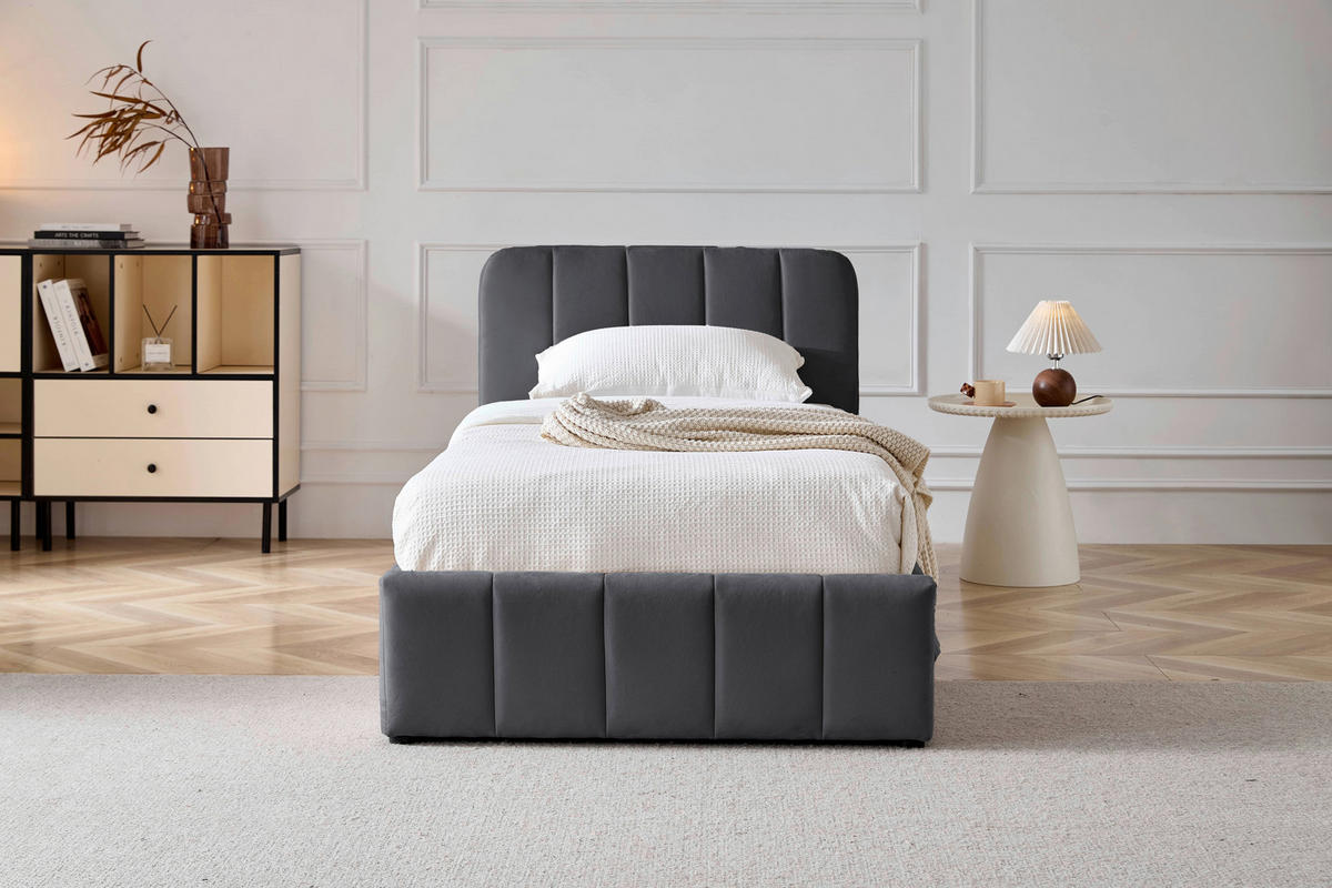 POLSTERBETT 90/200 cm, inkl. gepolstertes Kopfteil, Lattenrost, Bettkasten,  in Grau  - Schwarz/Naturfarben, Design, Holz/Kunststoff (90/200cm) - Boxxx