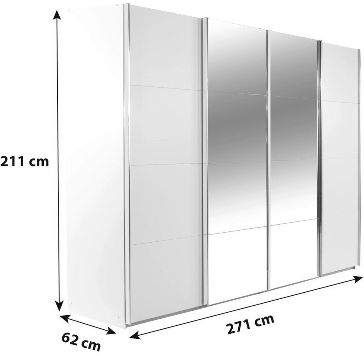SCHIEBETÜRENSCHRANK 271/211/62 cm 4-türig Klar, Weiß  - Chromfarben/Klar, MODERN, Holzwerkstoff/Metall (271/211/62cm) - Rauch Möbel