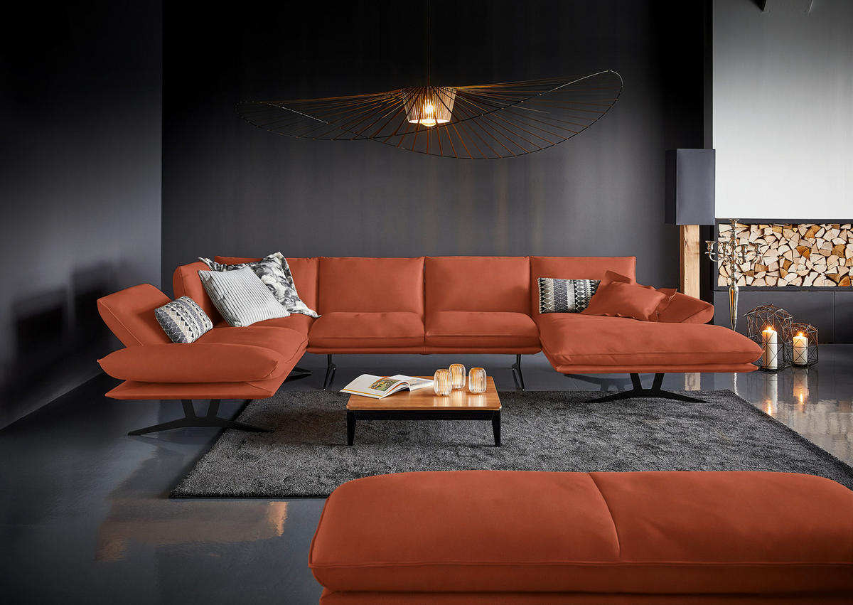 WOHNLANDSCHAFT  in Echtleder Orange  - Schwarz/Orange, Natur, Leder/Metall (217/359/155cm) - Dieter Knoll