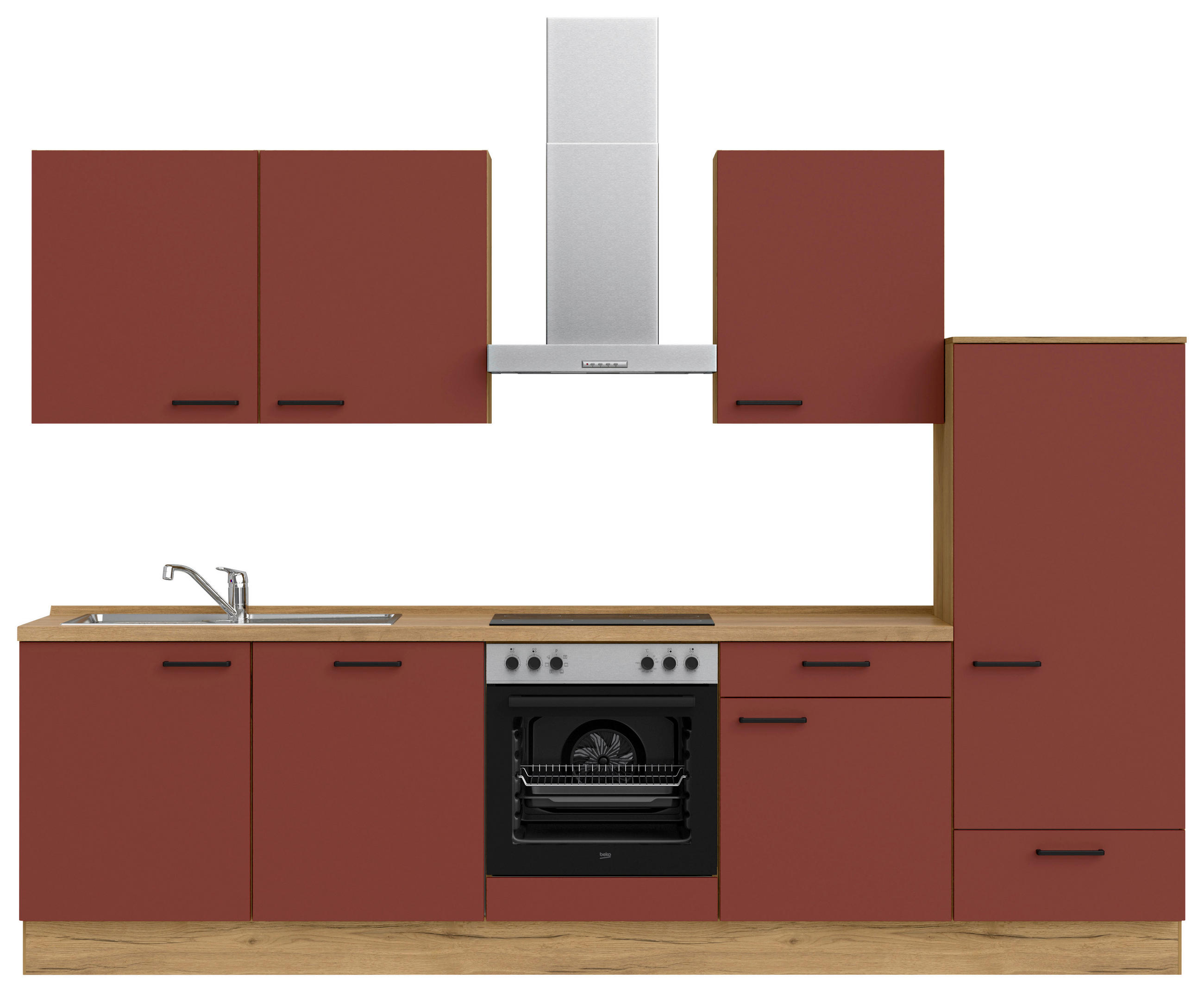KÜCHENLEERBLOCK 300 cm in Rot, Eichefarben - Eichefarben/Rot, MODERN, Holzwerkstoff/Metall (300cm) - Nobilia