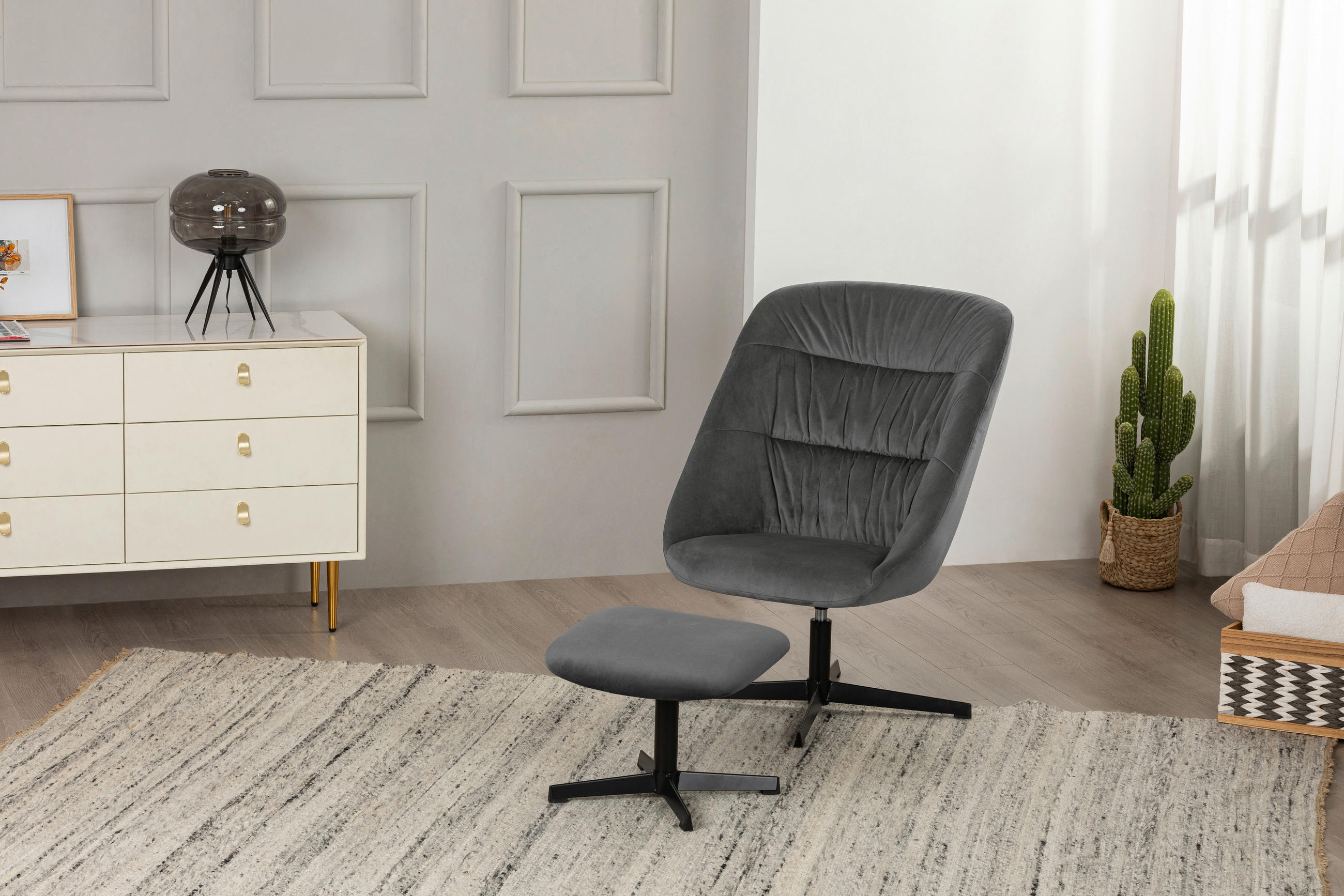 SESSELSET Samt Hocker    - Schwarz/Grau, MODERN, Textil/Metall (70/97/75cm) - MID.YOU