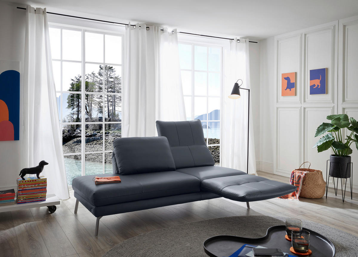 RÉCAMIERE Dunkelblau, Blaugrau Echtleder  - Chromfarben/Blaugrau, Design, Leder/Metall (209/85-109/95-16cm) - Dieter Knoll