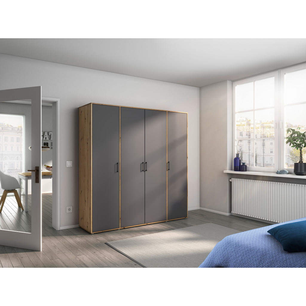 Thumbnail - Rauch Möbel Drehtürenschrank, Grau, Eiche Artisan, Kunststoff, 7 Fächer, 187x194x53 cm, Blauer Engel, BQ - Bündnis für Q...