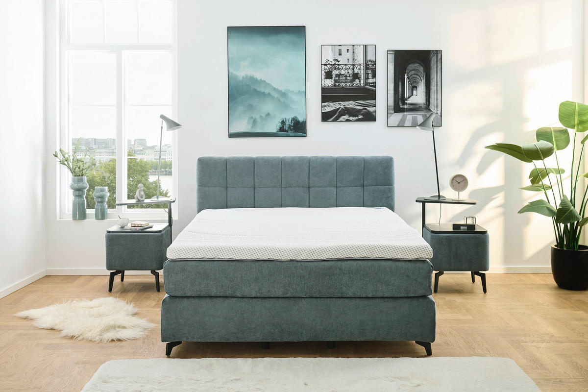 BOXSPRINGBETT 160/200 cm,  in Graublau, Matratze, gepolstertes Kopfteil, Topper, H2 + H3 = mittel + fest  - Graublau/Schwarz, MODERN, Textil/Metall (160/200cm) - Hukla