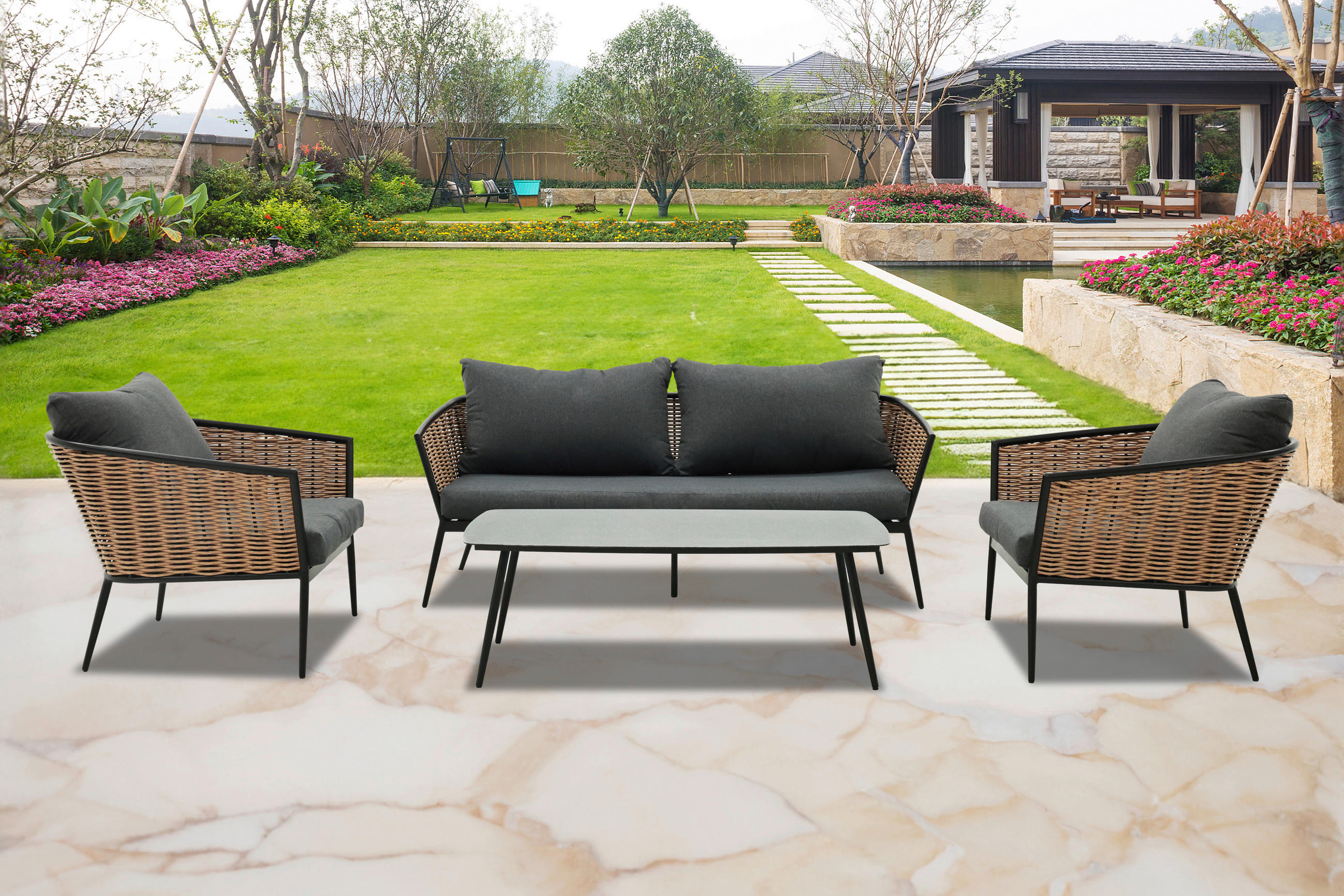 LOUNGEGARNITUR Aluminium  - Dunkelgrau/Anthrazit, MODERN, Glas/Kunststoff (88/80/192cm) - Ambia Garden