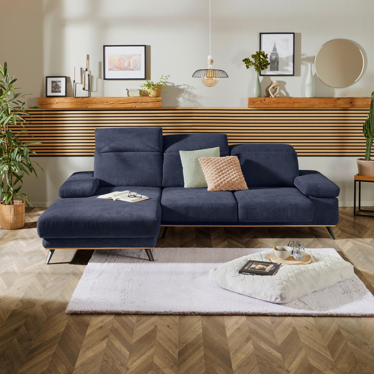 ECKSOFA ROYCE Dunkelblau Struktur  - Schwarz/Dunkelblau, MODERN, Textil/Metall (194/283cm) - MID.YOU