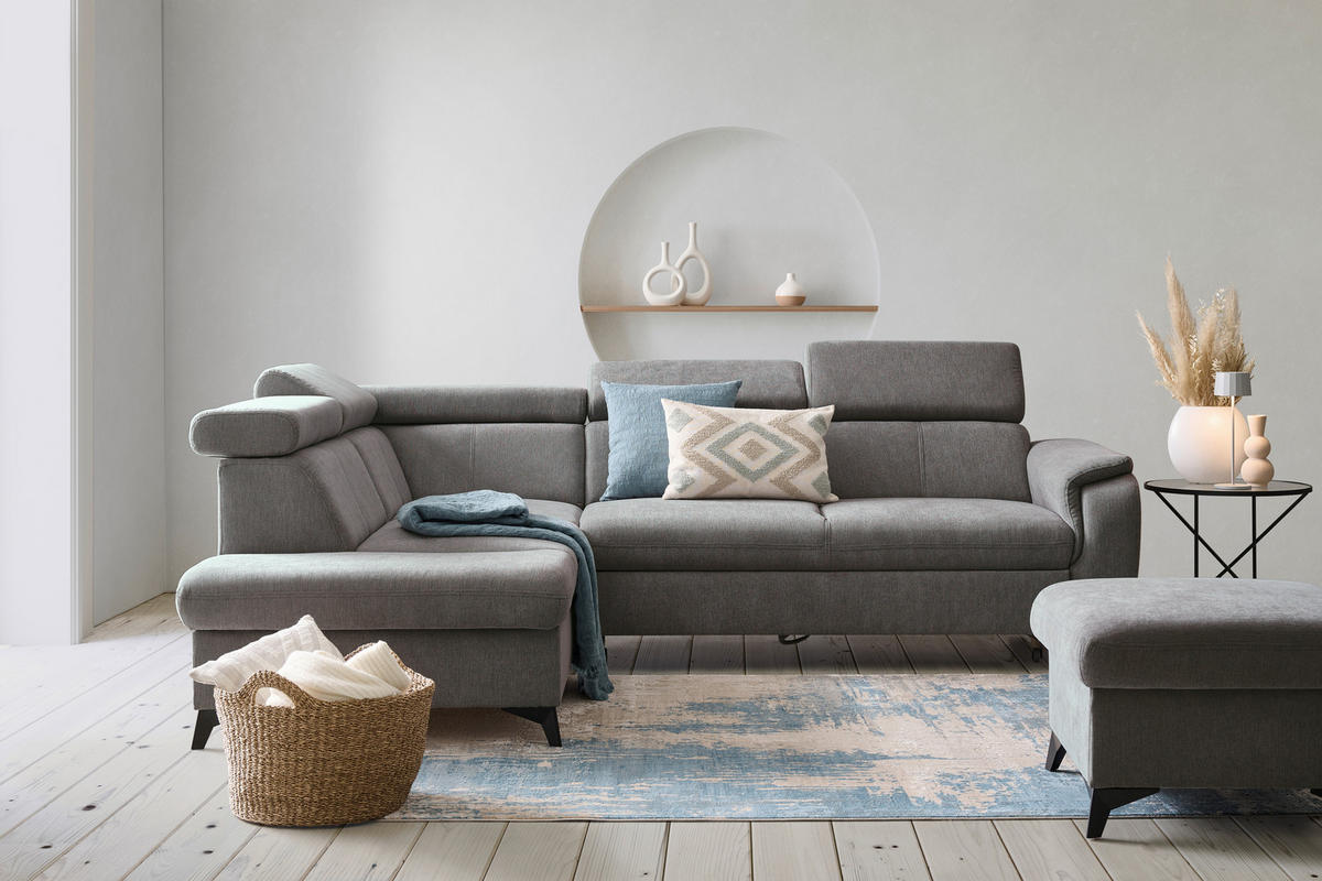 Ecksofa inkl. Funktionen in Chenille Anthrazit  - Anthrazit/Schwarz, Design, Textil/Metall (203/260cm) - Stylife