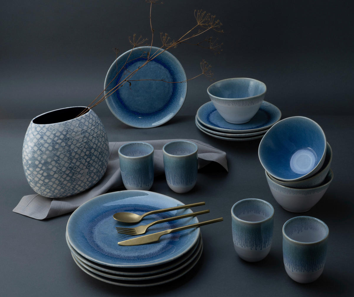 KOMBISERVICE Aquarius Blau Aquarius 16-teilig  - Blau/Weiss, Trend, Keramik (41/35/34cm) - Creatable