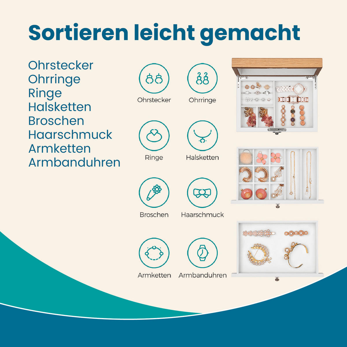 SCHMUCKKÄSTCHEN 25/15/17 cm  - Nussbaumfarben/Weiß, LIFESTYLE, Glas/Holz (25/15/17cm)