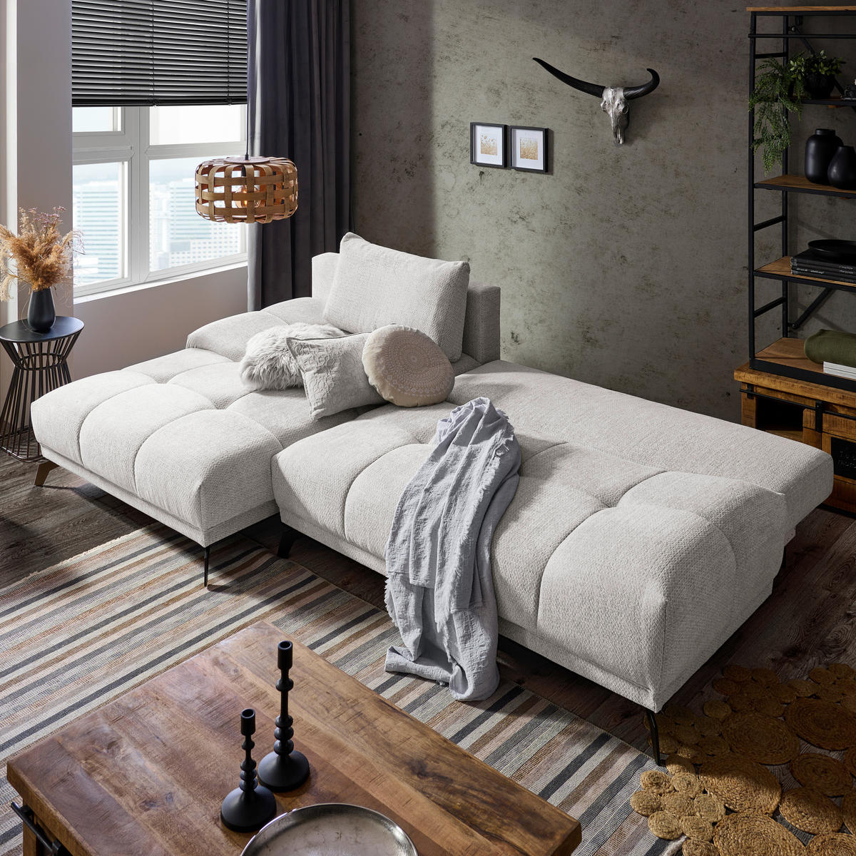 ECKSOFA Hellgrau Chenille  - Hellgrau/Schwarz, MODERN, Textil/Metall (182/290cm) - Hom`in