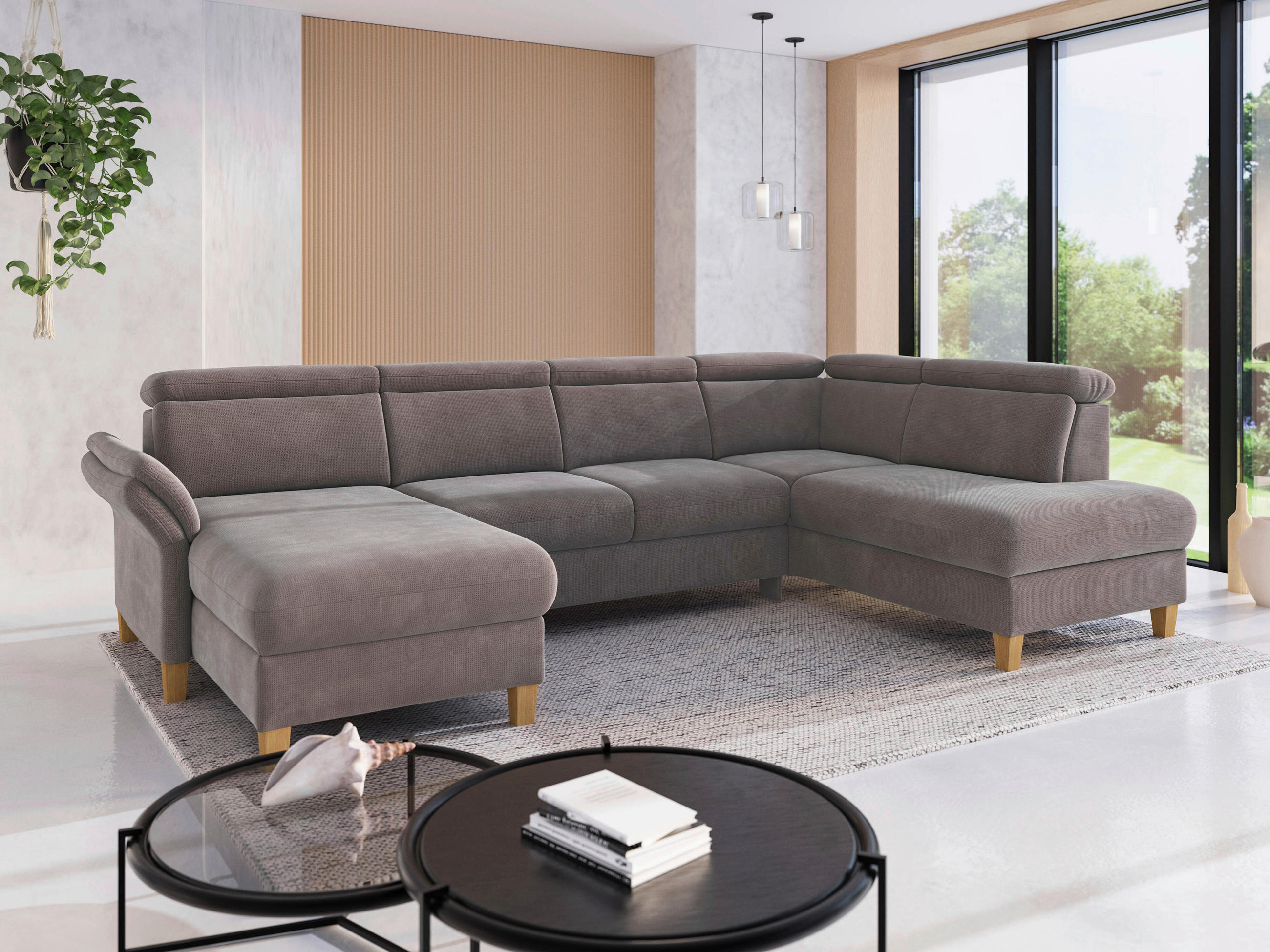 WOHNLANDSCHAFT GLENDALE E Taupe Flachgewebe  - Taupe/Eichefarben, KONVENTIONELL, Holz/Textil (166/321/193cm) - Sit & More