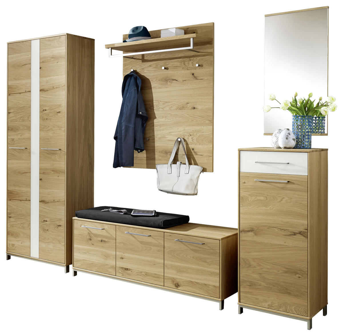 GARDEROBE 6-teilig  in 265/195/40 cm  - Weiss/Eichefarben, Design, Glas/Holz (265/195/40cm)