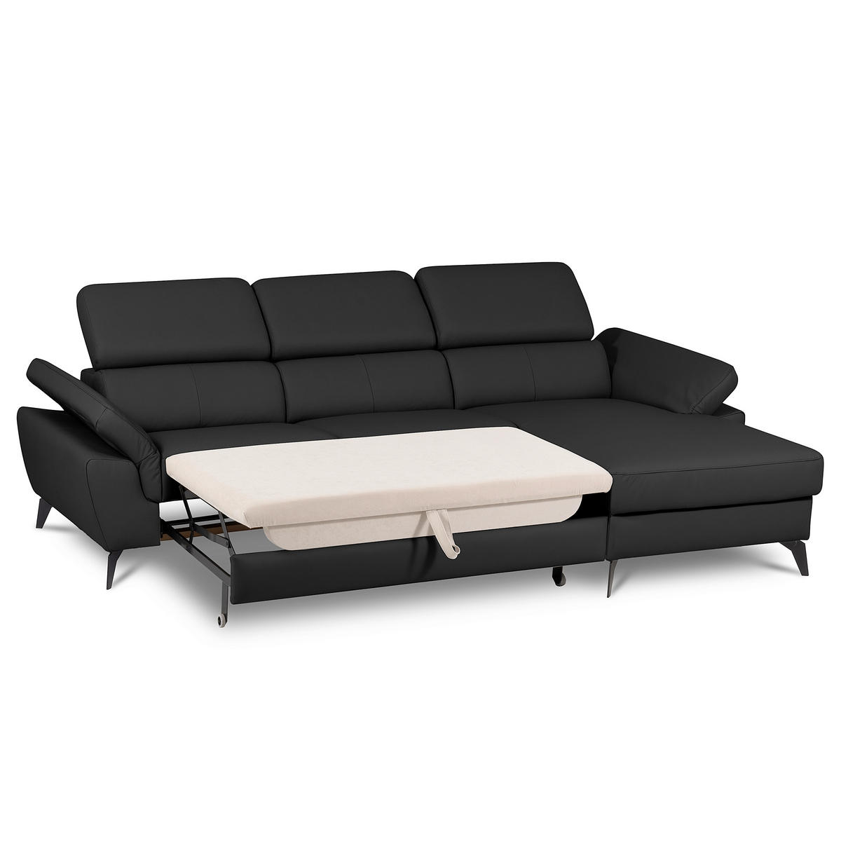 ECKSOFA SONO in Lederlook Echtleder Schwarz Bettkasten, Armteilverstellung, Kopfteilverstellung  252/179 cm  - Schwarz, Design, Leder/Textil (252/179cm) - Livetastic