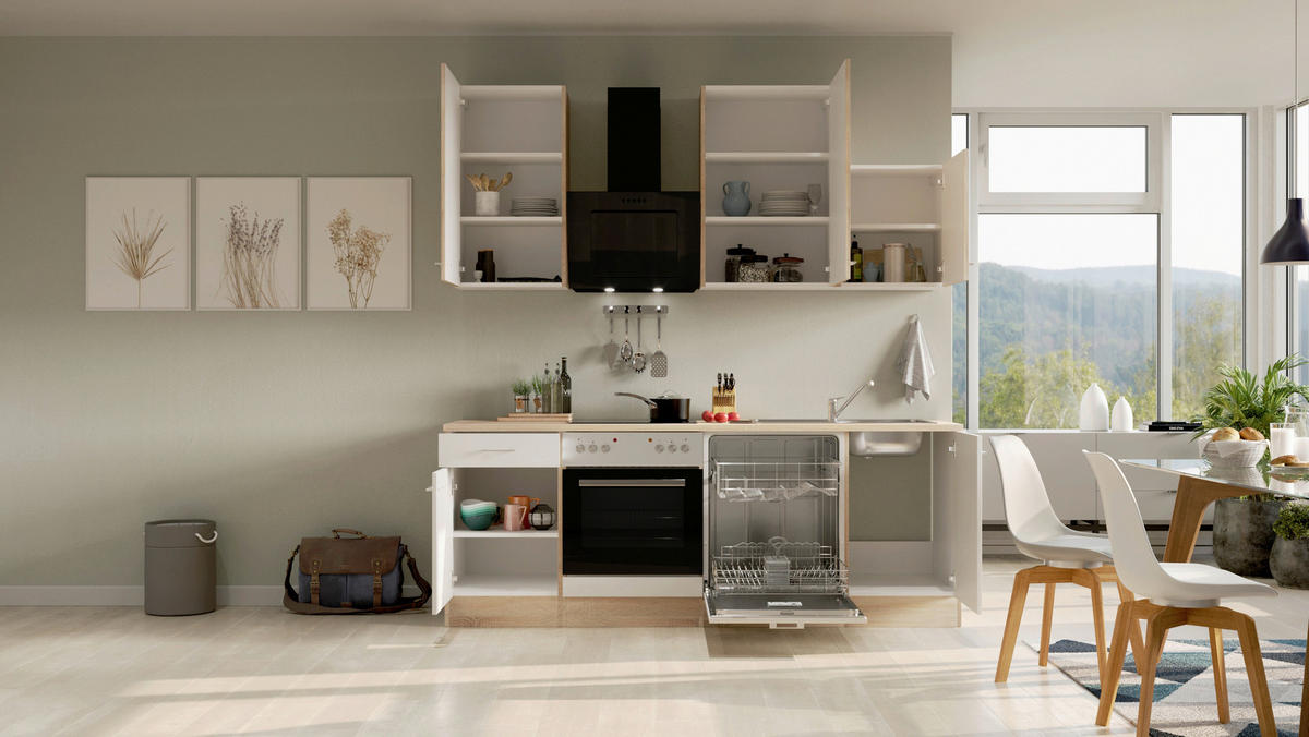 KÜCHENBLOCK 220 cm   in Weiß, Sonoma Eiche  - Alufarben/Weiß, MODERN, Holzwerkstoff/Kunststoff (220cm) - FlexWell