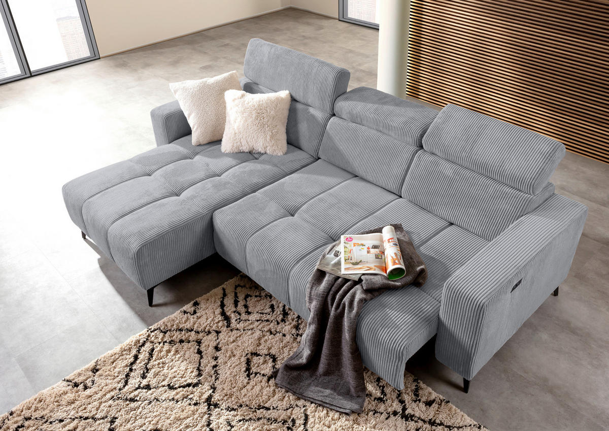 ECKSOFA Hellgrau Cord Rücken echt, Kopfteilverstellung, Sitzvorzug  - Hellgrau/Schwarz, KONVENTIONELL, Textil/Metall (170/257cm) - Carryhome