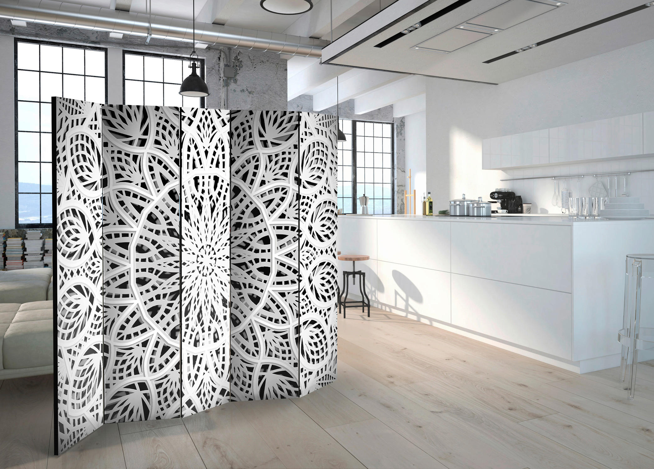 PARAVENT mit 5  Flügel - Schwarz/Weiß, Basics, Holz/Textil (225/172/3cm) - artgeist