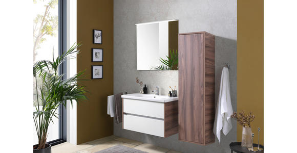 BADEZIMMER  in 90 cm  - Weiß Hochglanz/Nussbaumfarben, Basics, Glas/Keramik (90cm) - Voleo