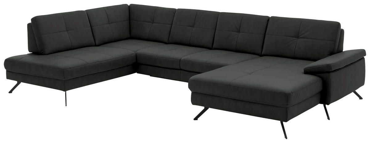 WOHNLANDSCHAFT in Lederlook, Mikrofaser Dunkelgrau  - Dunkelgrau/Schwarz, Design, Textil/Metall (220/343/179cm) - Beldomo System