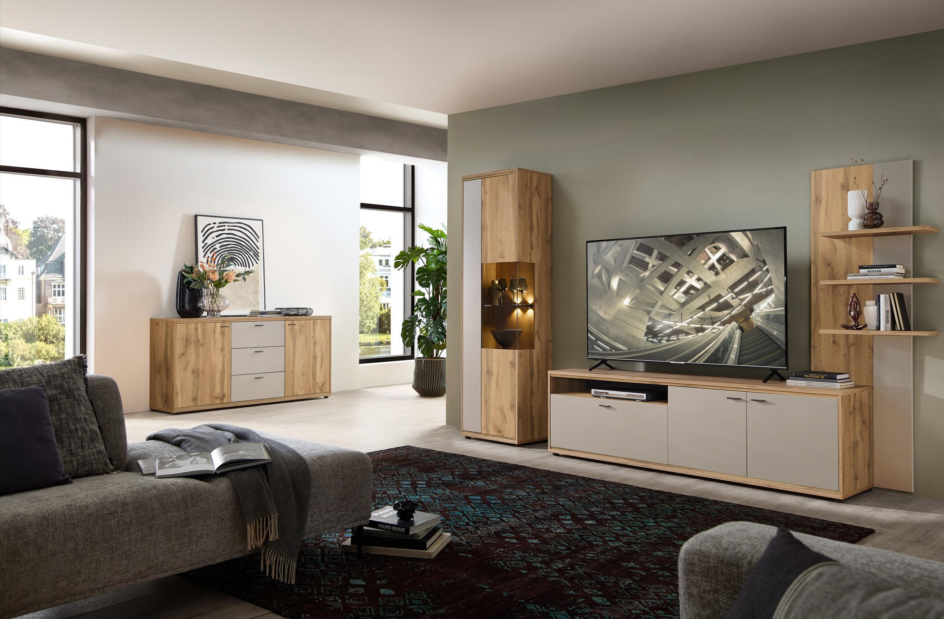 VITRINE in Eichefarben, Kaschmir  - Kaschmir/Eichefarben, Design, Glas/Holzwerkstoff (60/205/40cm) - Livetastic