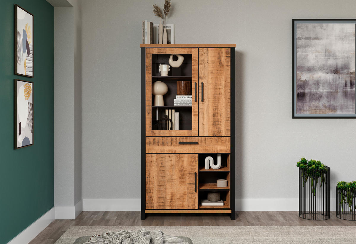 VITRINE ENNA WO in Naturfarben, Schwarz  - Schwarz/Naturfarben, Design, Glas/Holzwerkstoff (106/195/45cm) - MID.YOU