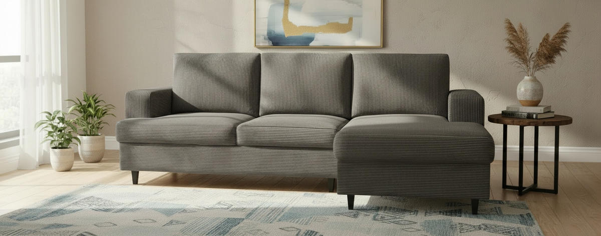 ECKSOFA Cord, Velours Taupe  - Taupe/Schwarz, Design, Holz/Textil (247/140cm) - MID.YOU